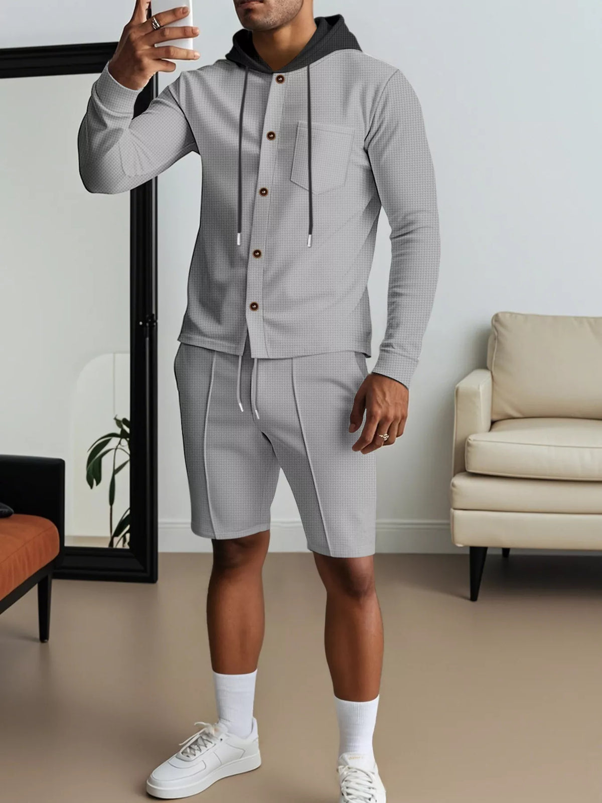 Men's Full Size Casual Hooded Button-Up Top and Shorts Set Plus Size - Lilixa.store