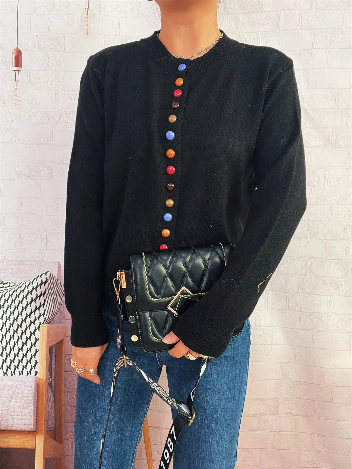 Button-Front Cardigan with Colorful Detail Buttons - Lilixa.store