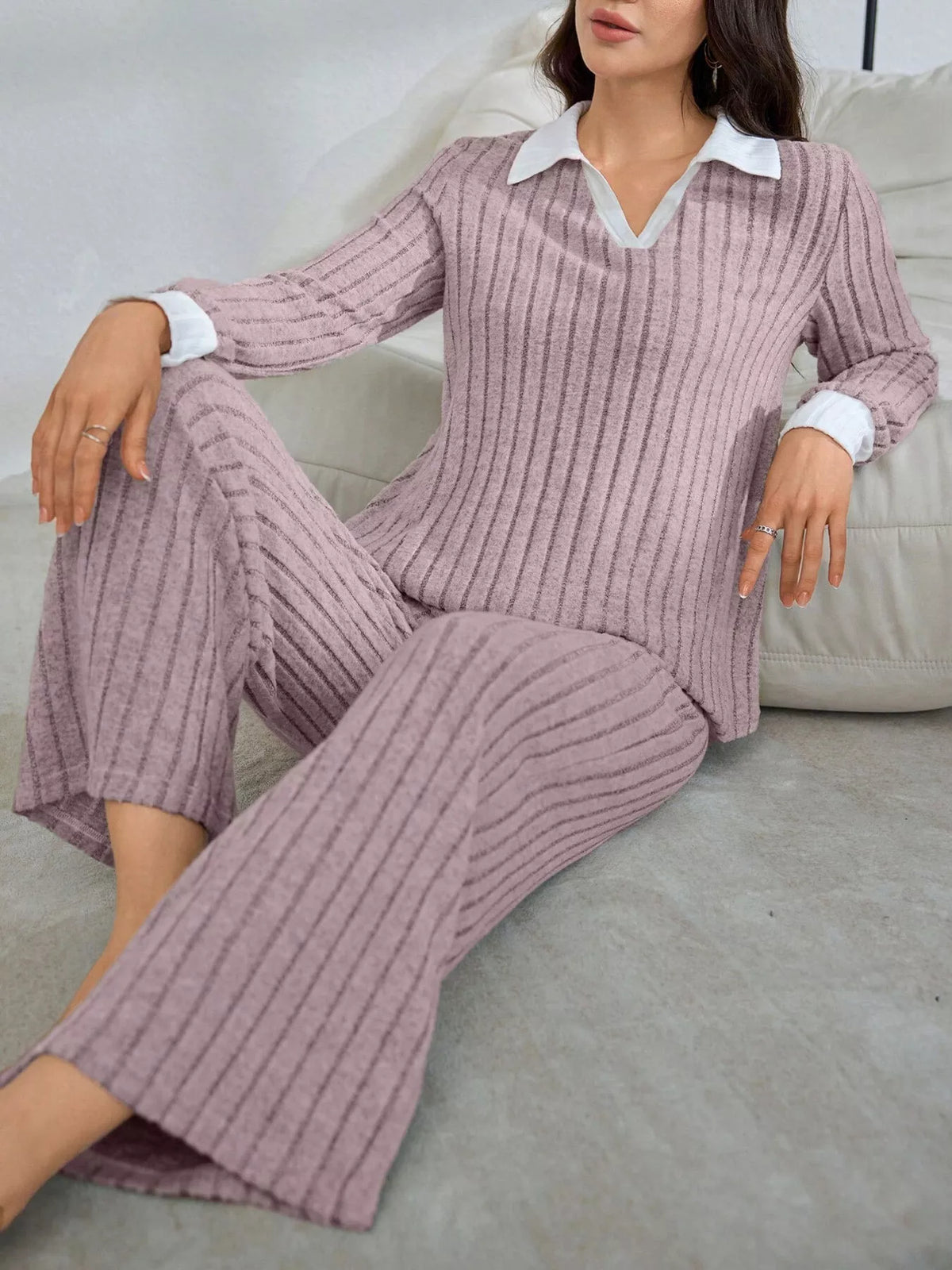Ribbed Knit Polo Collar Top and Pants Lounge Set - Lilixa.store
