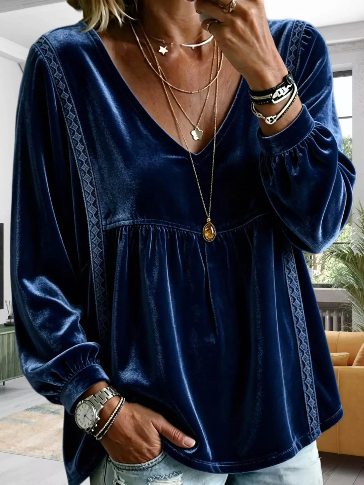 Full Size Velvet Lace Detail V-Neck Blouse Plus Size - Lilixa.store