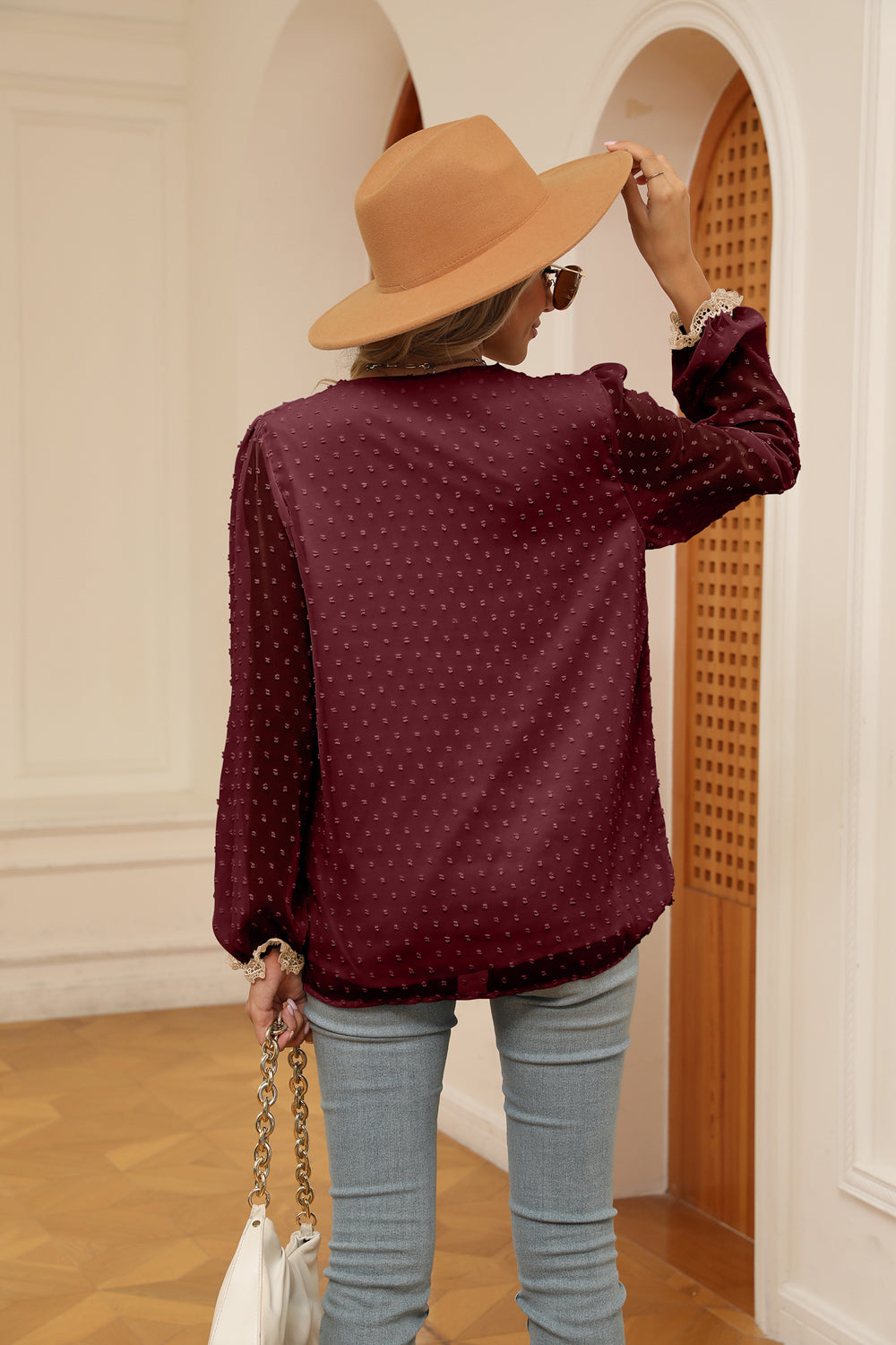Swiss Dot Contrast V-Neck Blouse, view 4