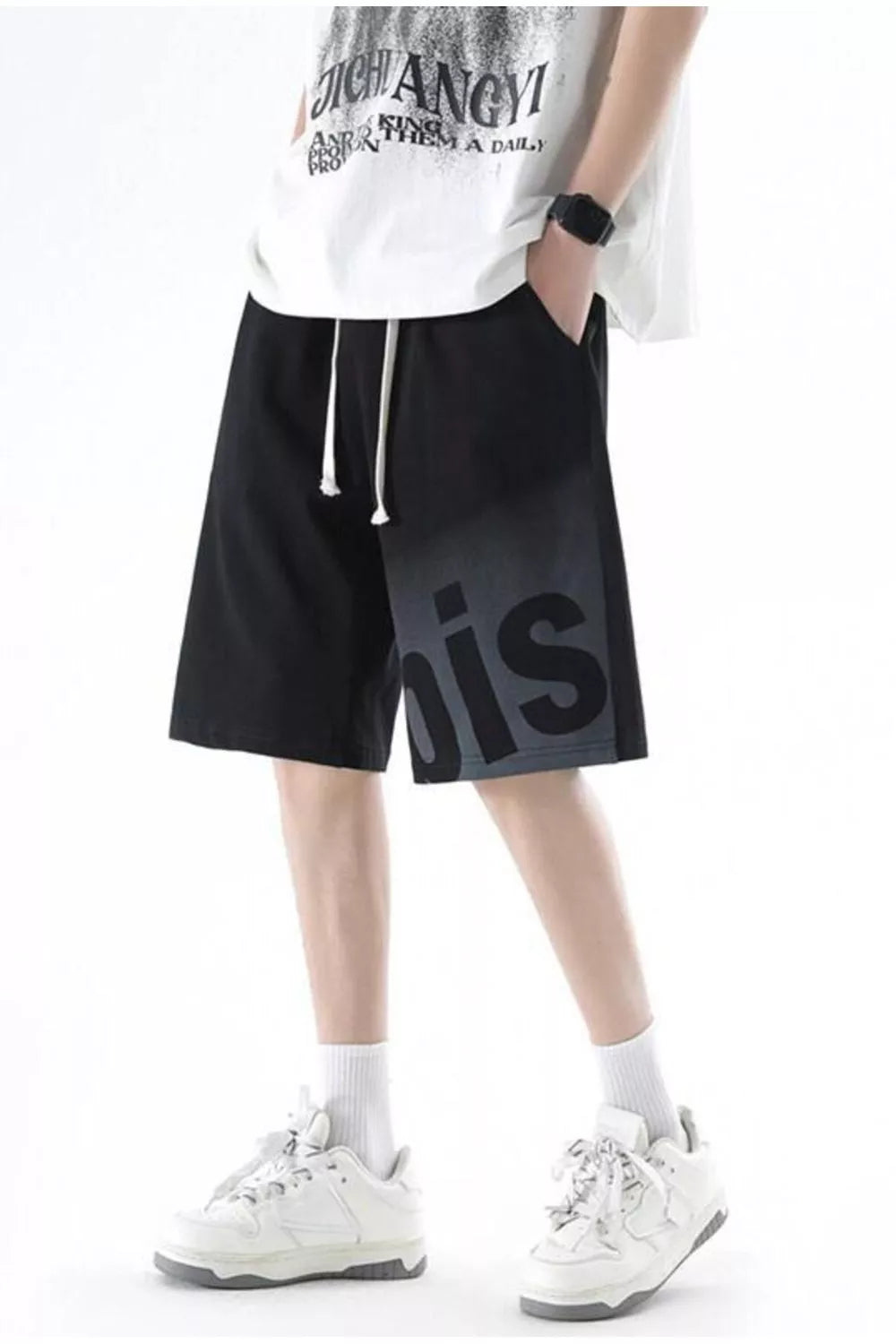 Men's Plus Size Casual Drawstring Gradient Letter Shorts in Black