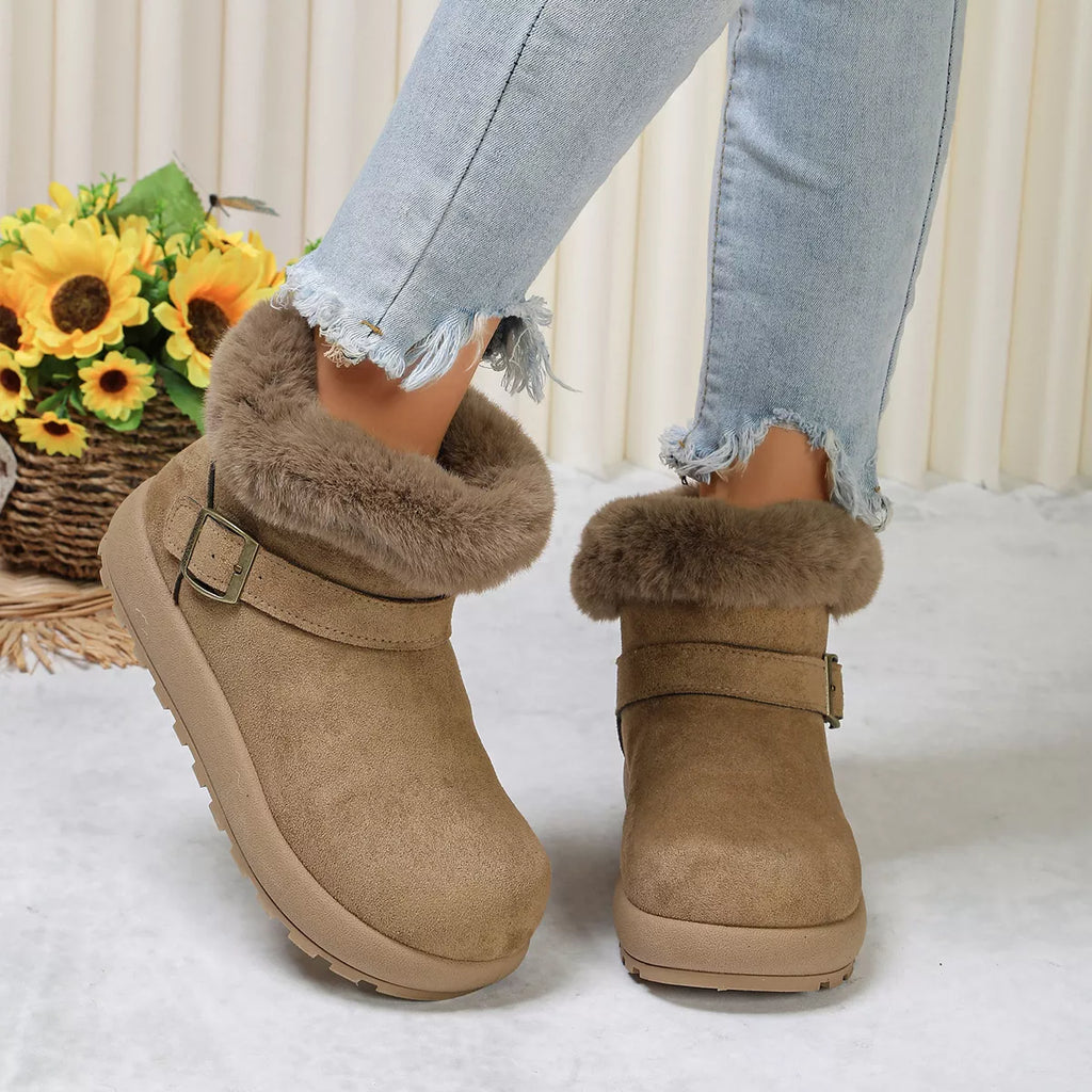 Round Toe Fuzzy Boots in Khaki