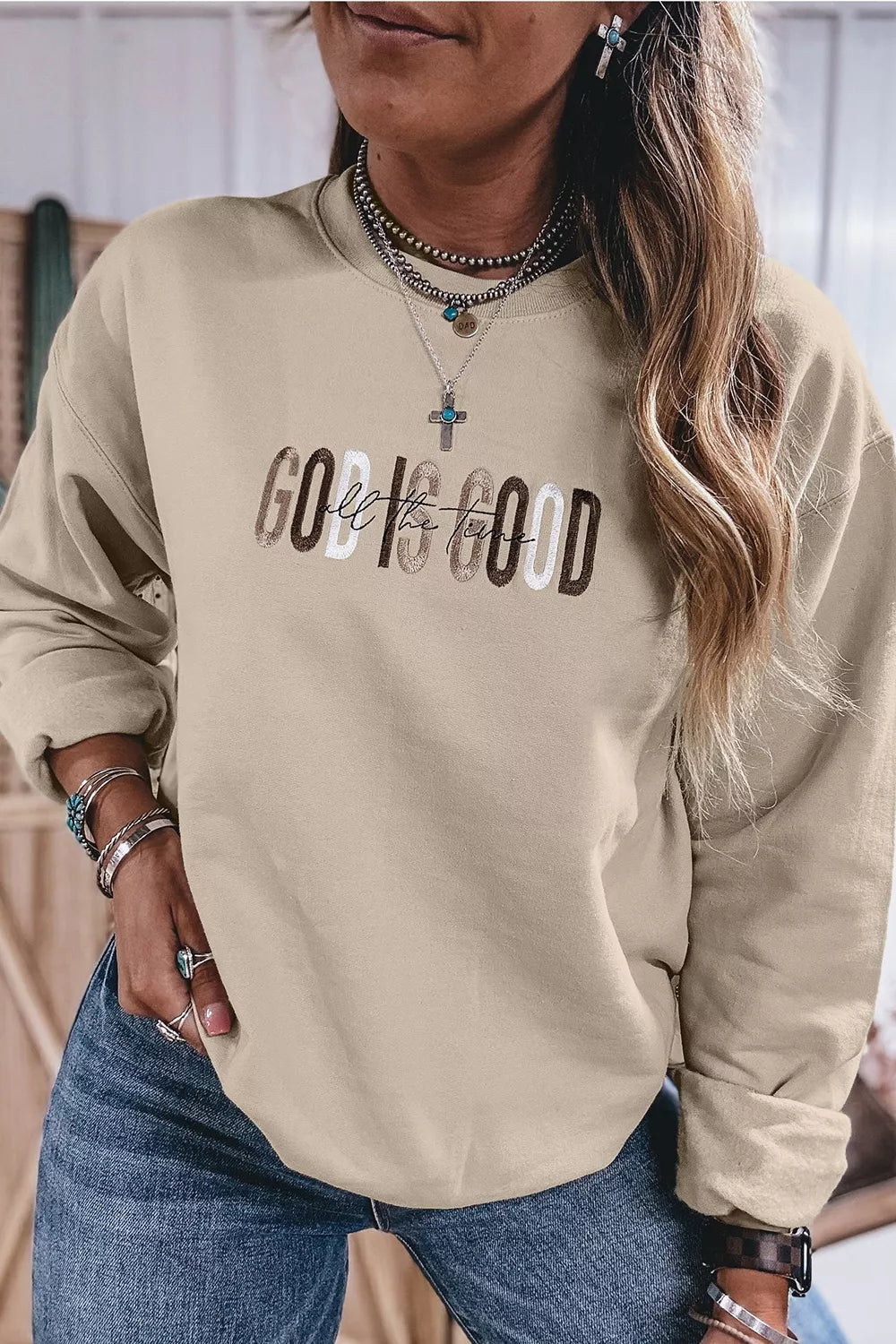 God Is Good Letter Graphic Crew Neck Sweatshirt - Lilixa.store