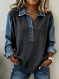 Denim Trim Button Detail Sweatshirt - Lilixa.store