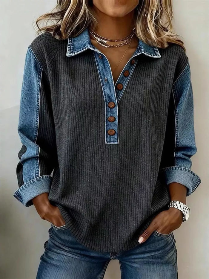 Denim Trim Button Detail Sweatshirt - Lilixa.store