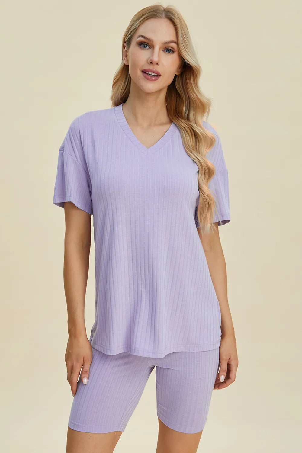 Basic Bae Full Size Ribbed V-Neck Short Sleeve Top and Shorts Set - Lilixa.store