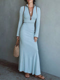 Full Size Contrast Trim Zip-Up Long Sleeve Knit Maxi Dress Plus Size - Lilixa.store