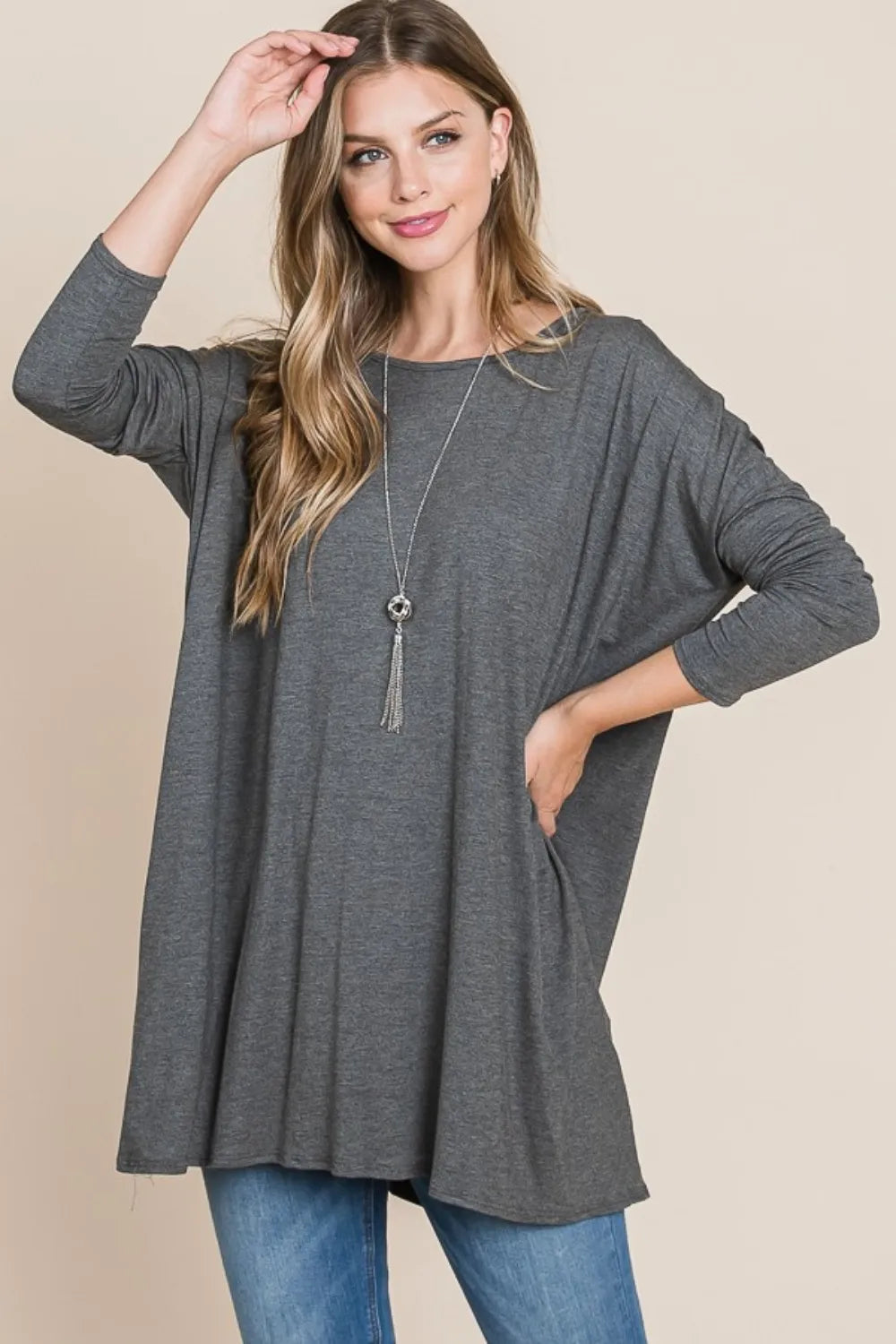 BOMBOM Round Neck Long Sleeve Oversized Top - Lilixa.store