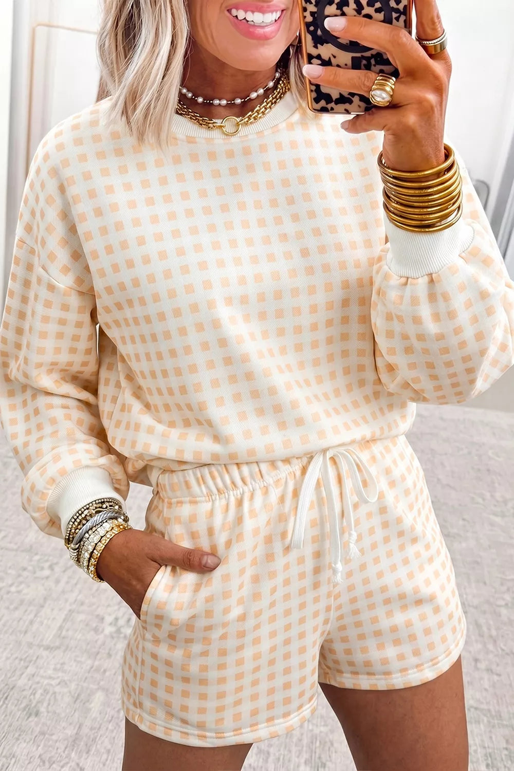 Gingham Long Sleeve Sweatshirt and Shorts Set - Lilixa.store
