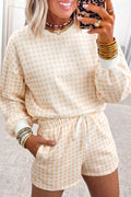 Gingham Long Sleeve Sweatshirt and Shorts Set - Lilixa.store