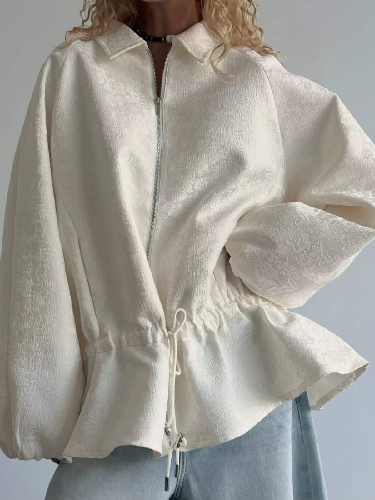 Jacquard Zip-Up Peplum Jacket