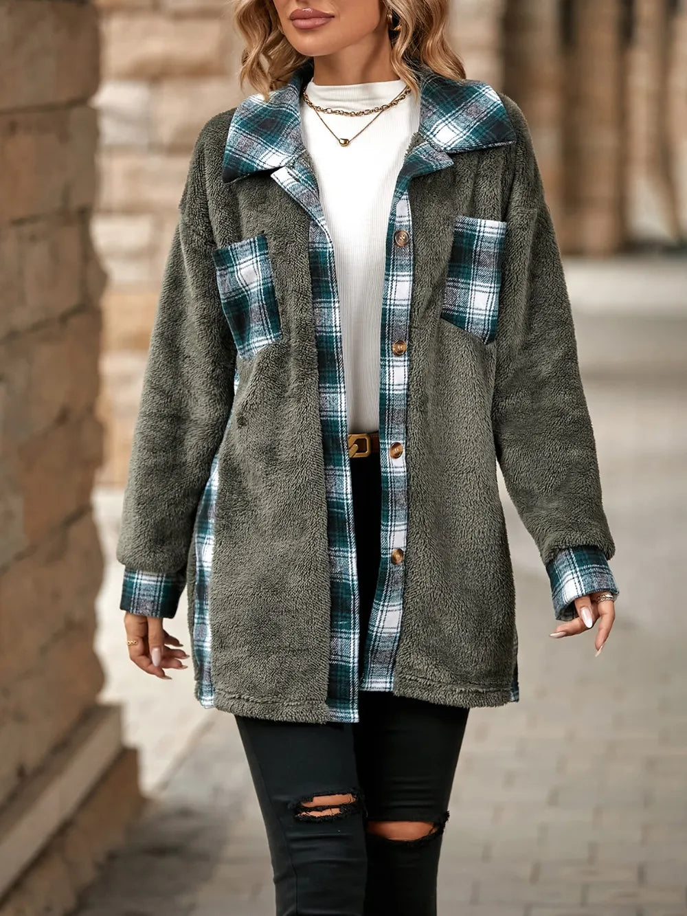 Plaid Contrast Dropped Shoulder Coat in Dark Gray