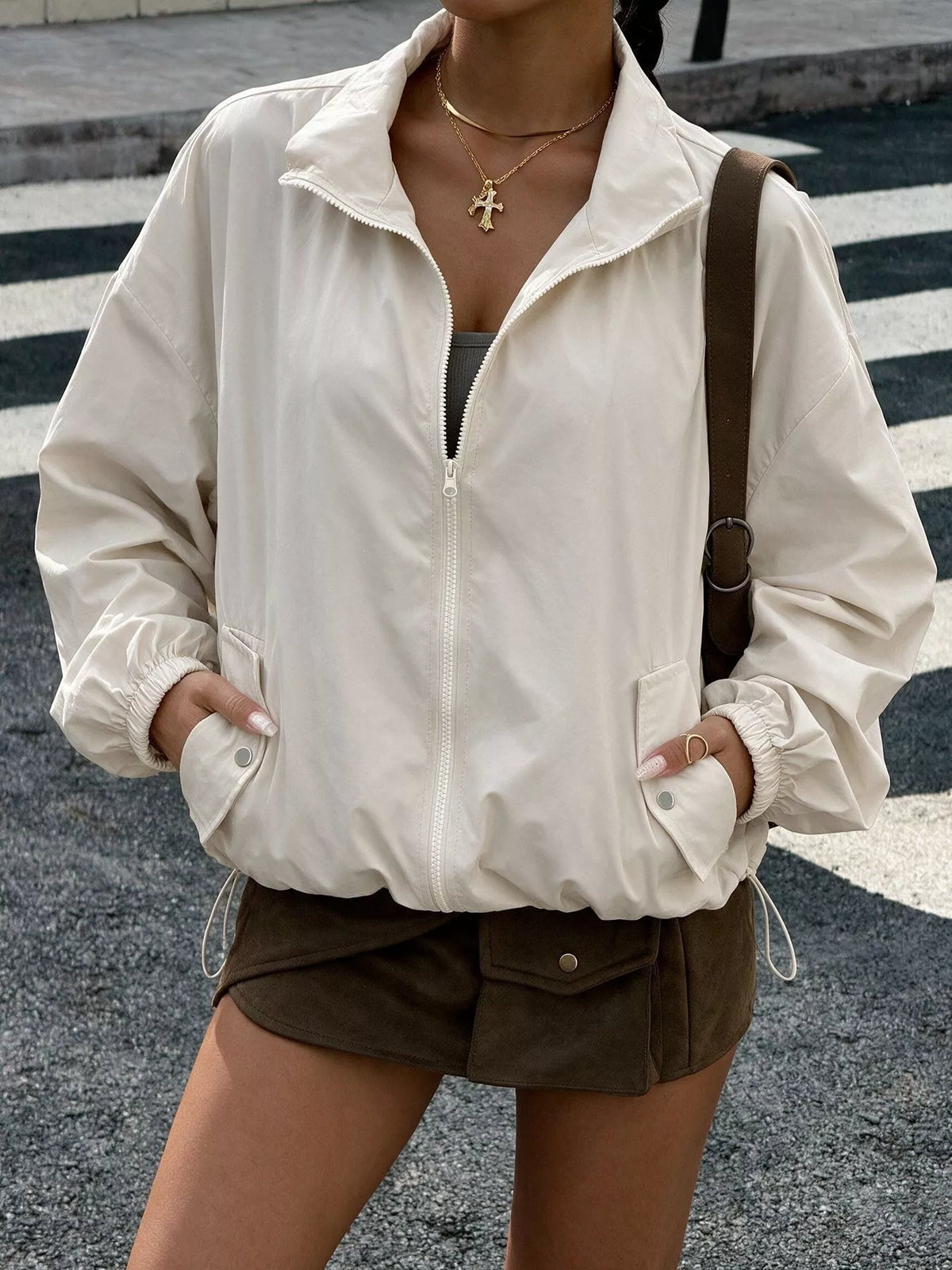 Zip-Up Dropped Shoulder Jacket - Lilixa.store