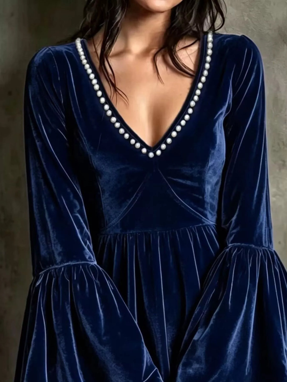 Full Size Velvet Bell-Sleeve Mini Dress with Pearl Embellished V-Neck Plus Size, view 5