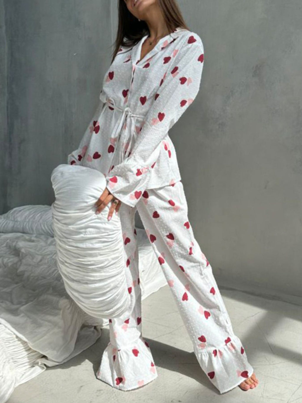 Heart Print Long Sleeve and Pants Lounge Set - Lilixa.store