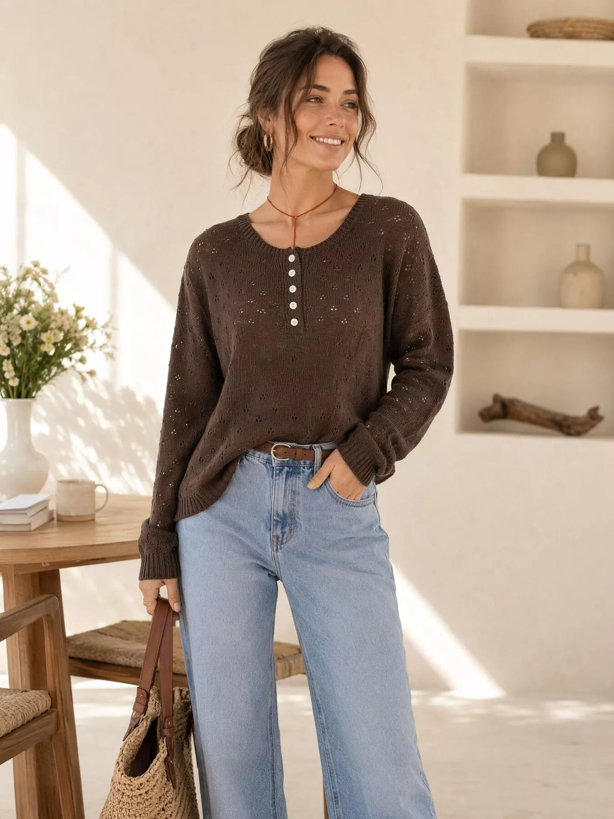 Pointelle Button-Front Round Neck Knit Top, view 13