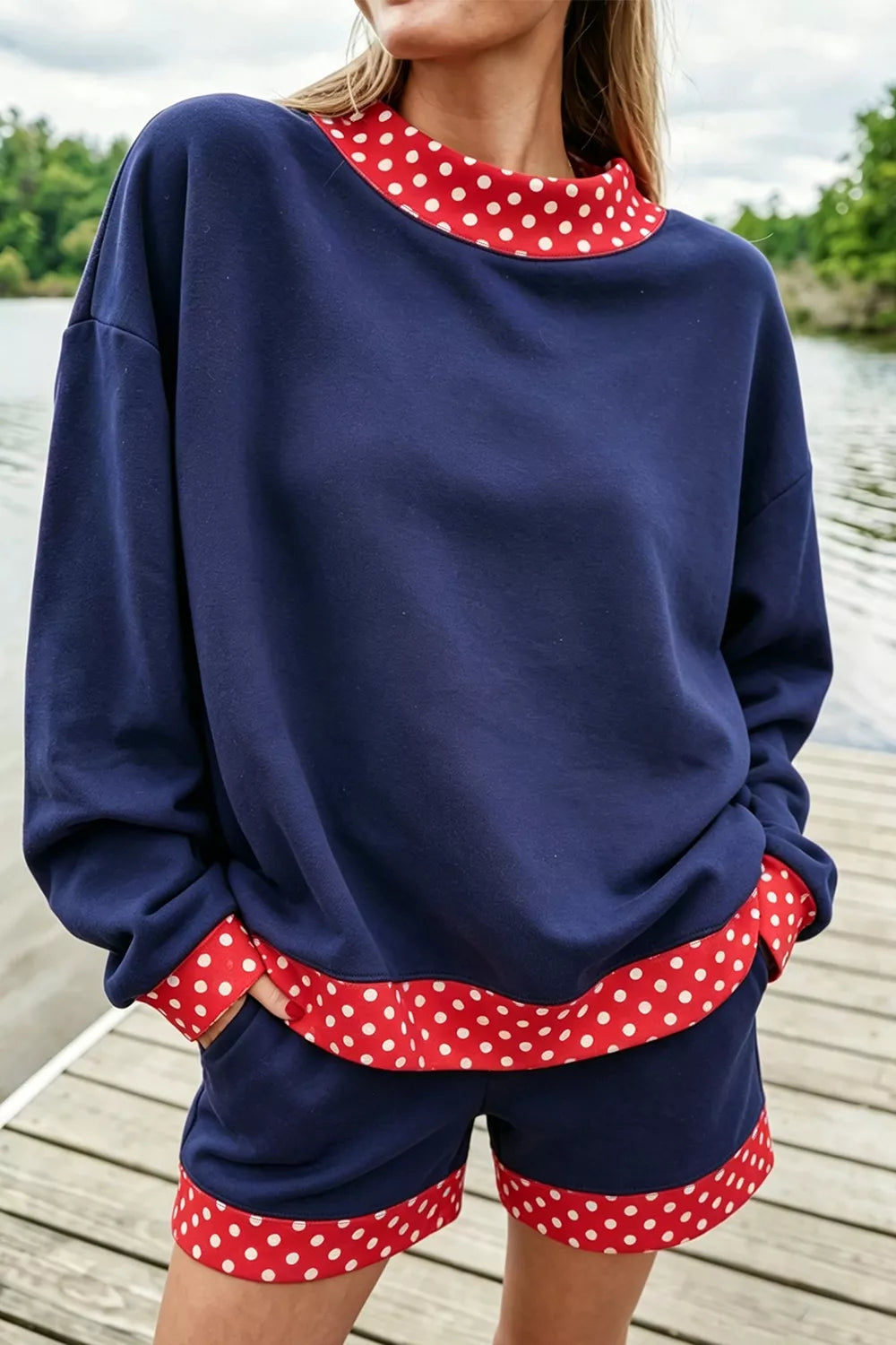 Polka Dot Trim Top and Shorts Set in Navy