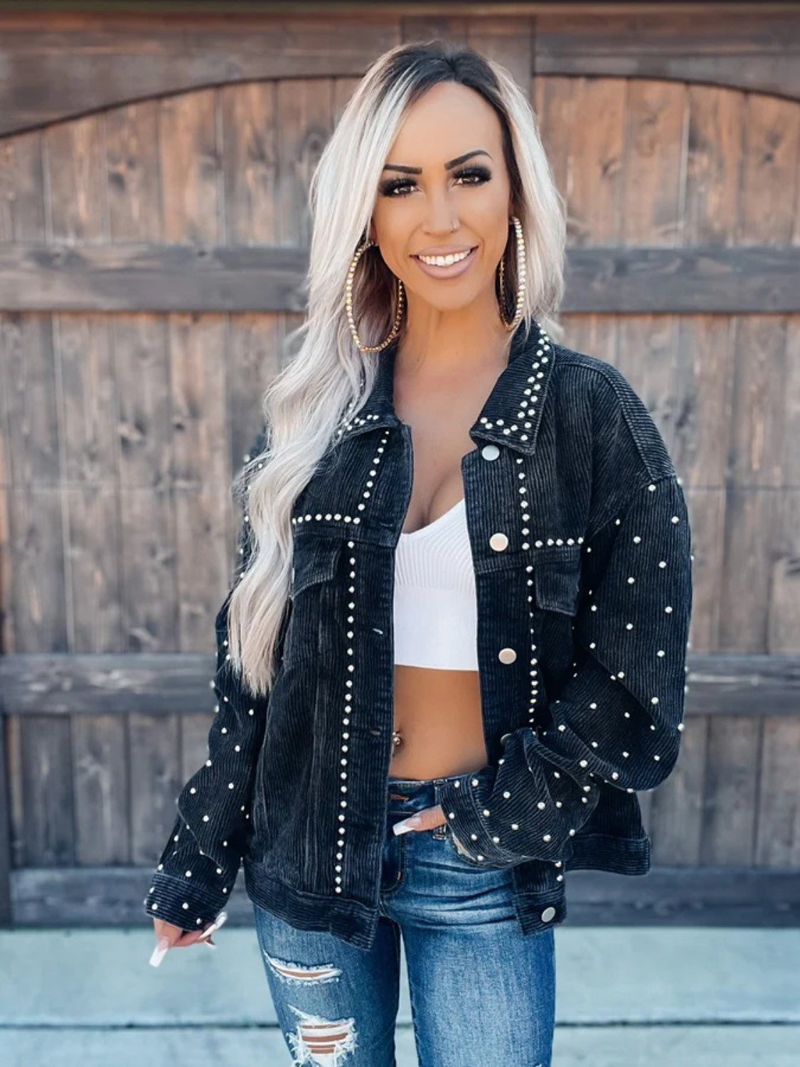 Studded Collared Neck Button Down Jacket, view 3