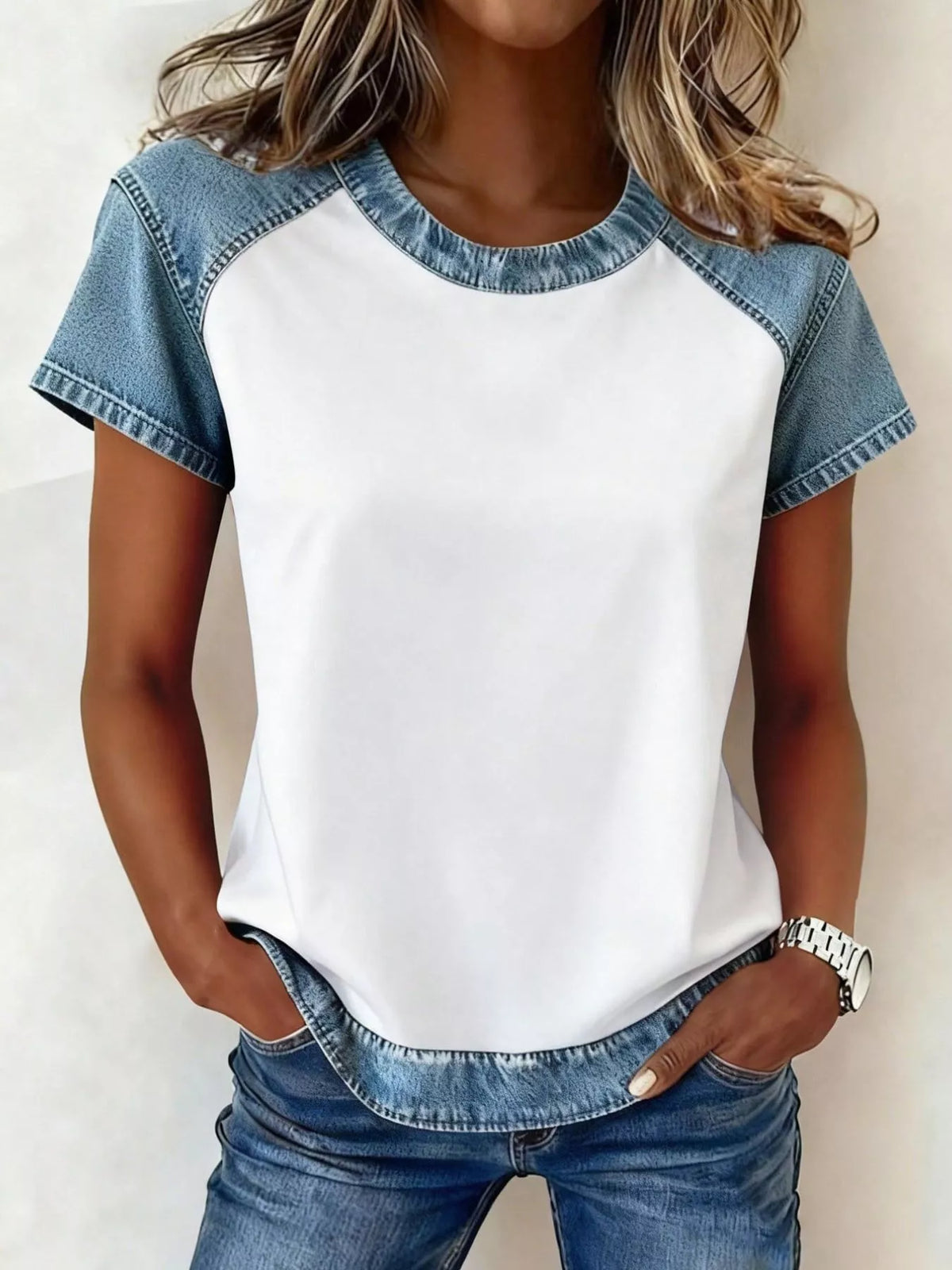 Denim Patchwork Short Sleeve Blouse - Lilixa.store
