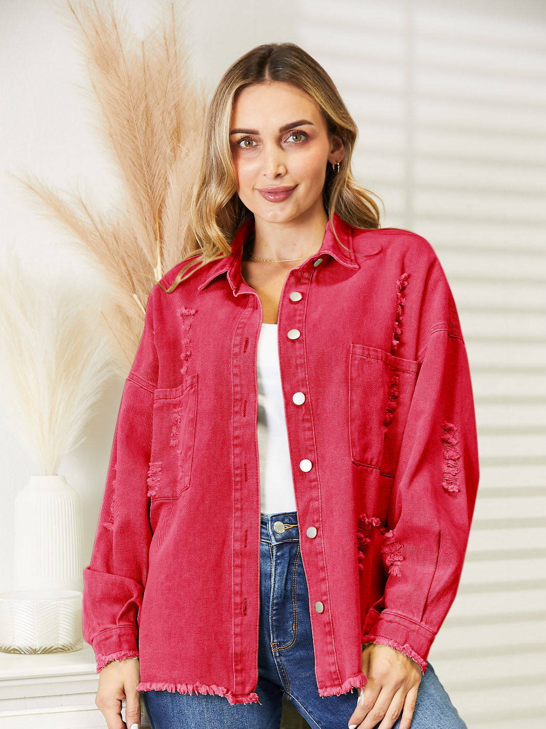 Distressed Raw Hem Denim Jacket - Lilixa.store