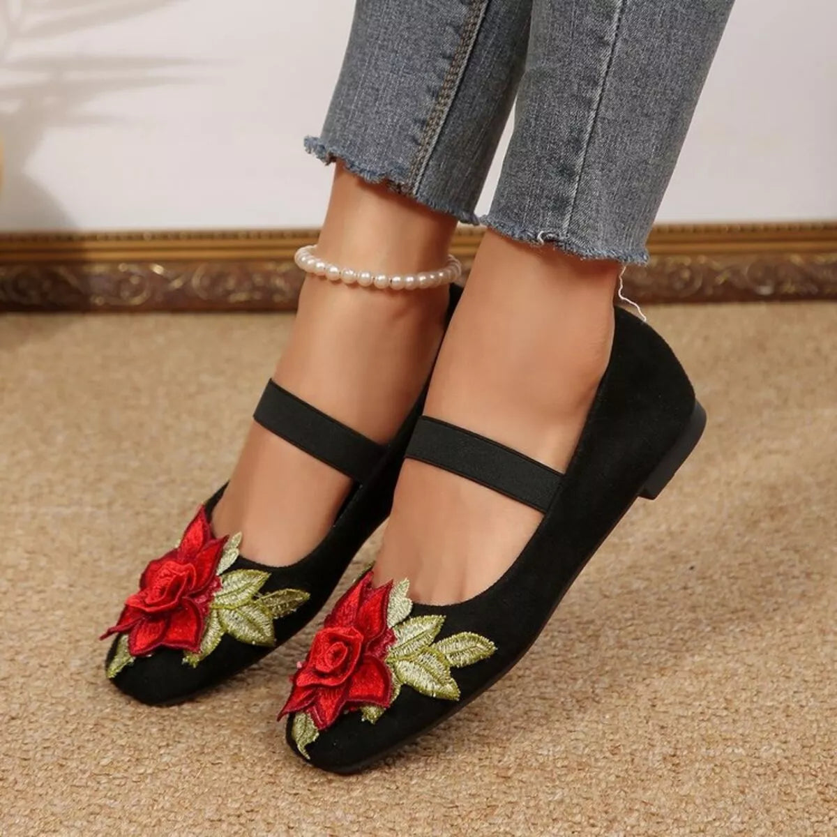 Flower Square Toe Slip-Ons in Black, view 3
