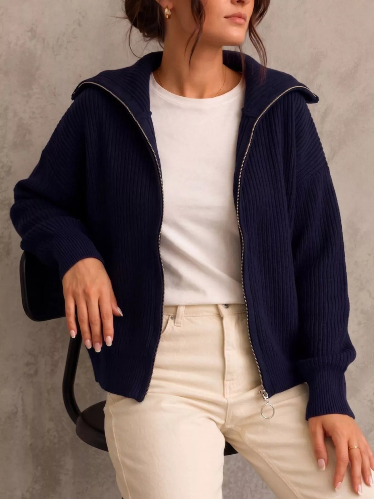 Zip Up Dropped Shoulder Cardigan - Lilixa.store
