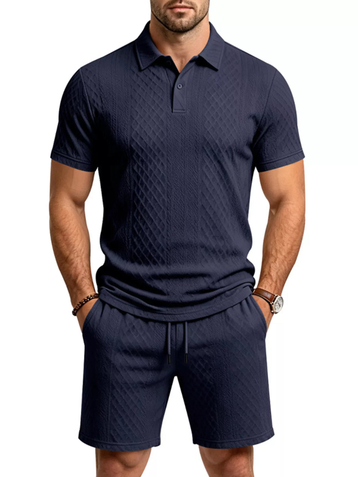 Men's Full Size Textured Short Sleeve Polo and Shorts Set Plus Size - Lilixa.store
