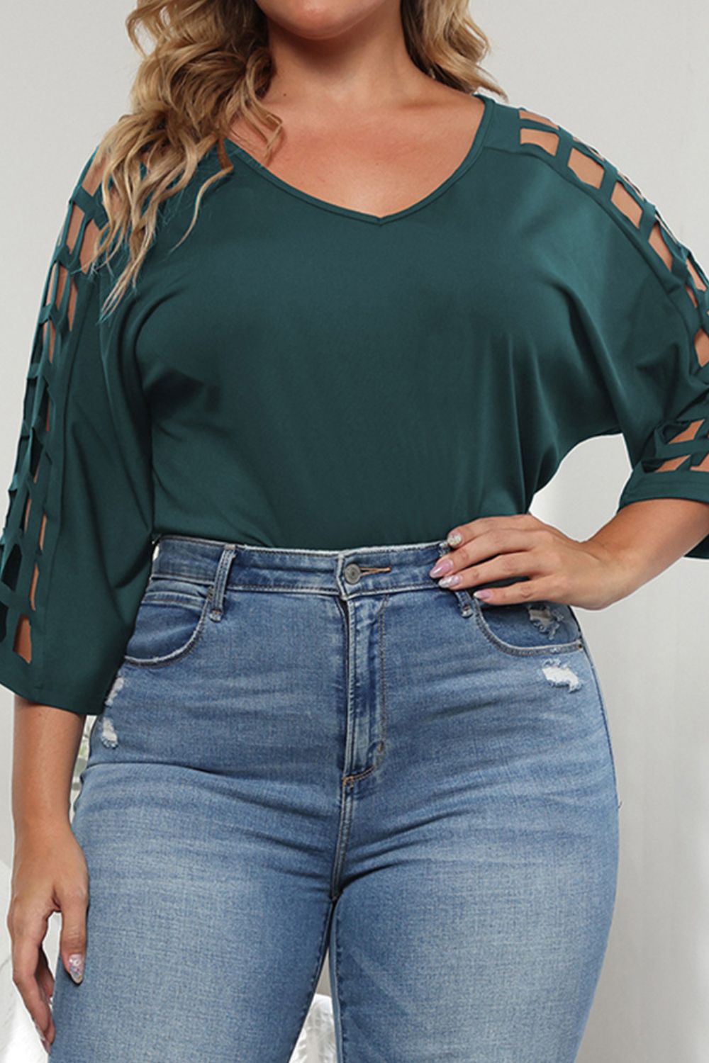 Plus Size Cutout Three-Quarter Sleeve Blouse in Forest