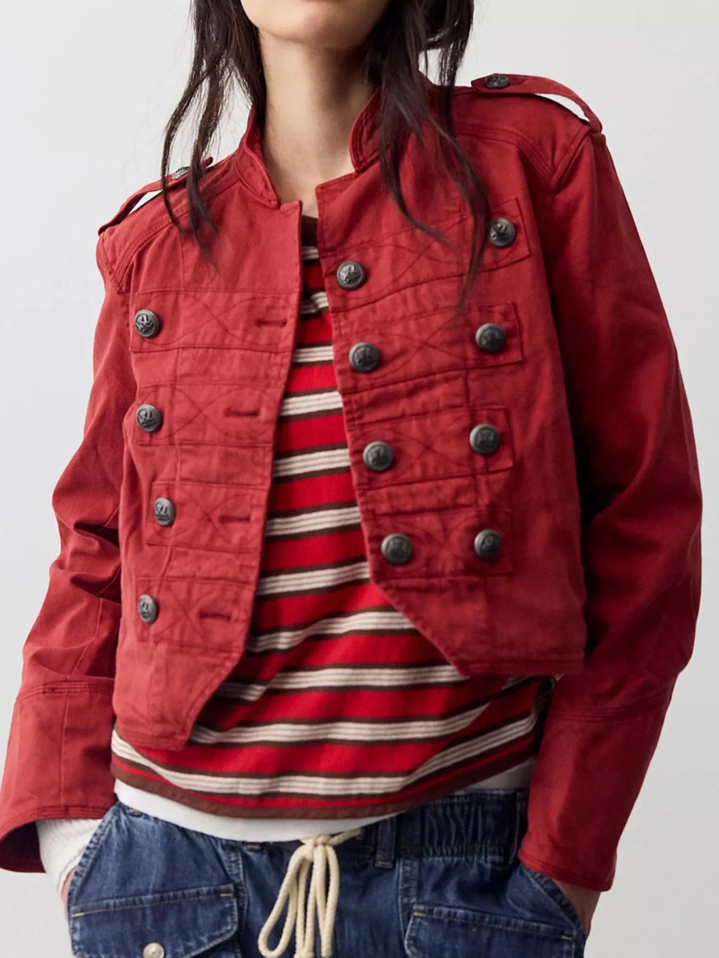 Decorative Button Cropped Jacket in Red