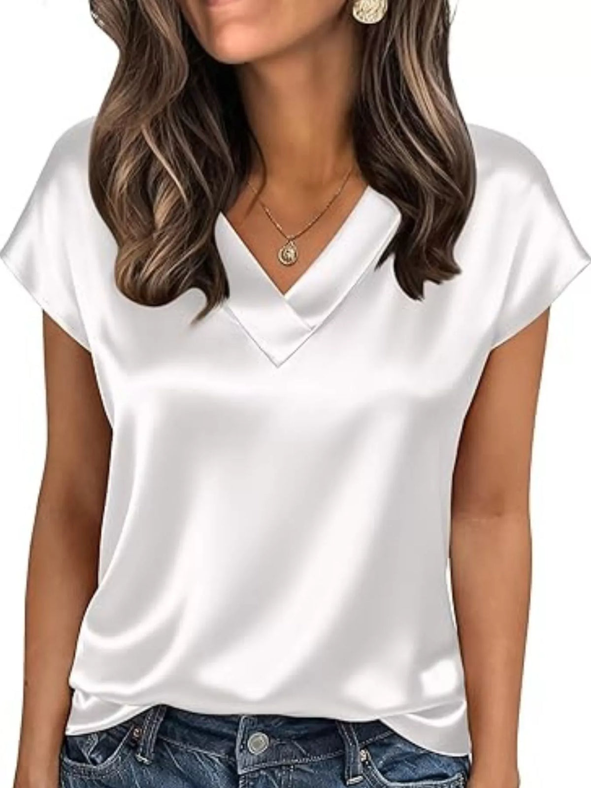 Satin V-Neck Short Sleeve Blouse - Lilixa.store