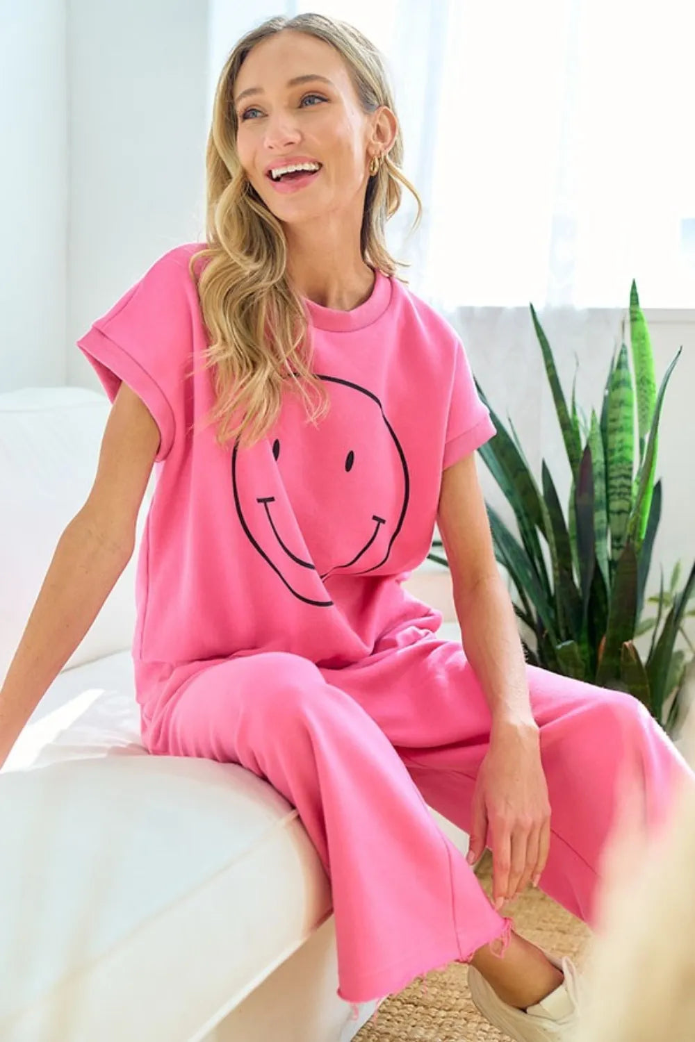 First Love Smile Face Drop Shoulder Brushed Inside T-Shirt - Lilixa.store