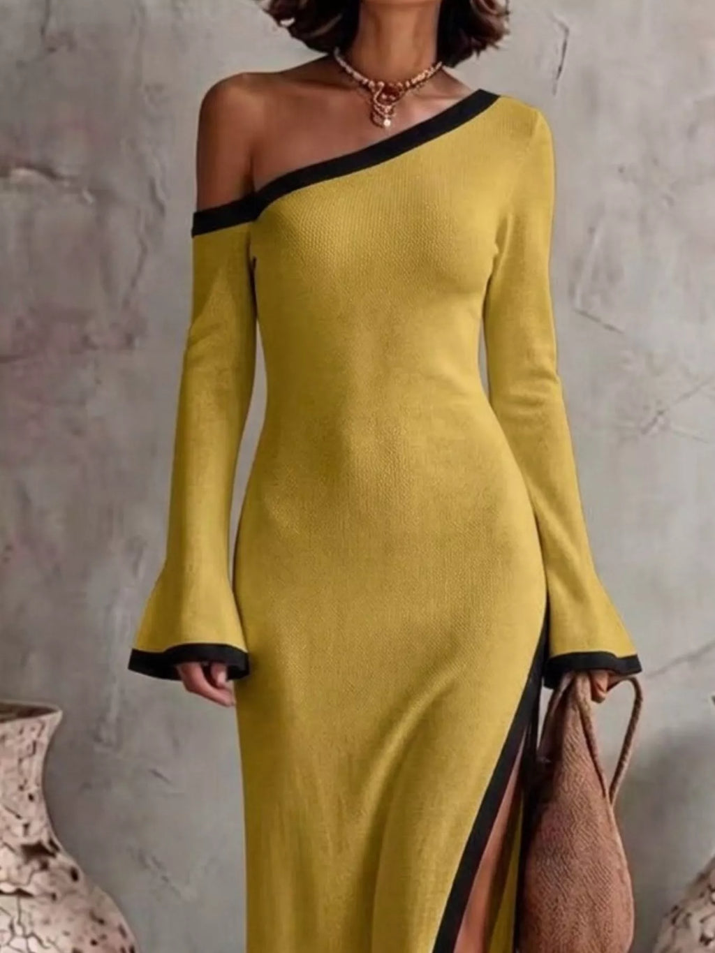 Slit One-Shoulder Contrast Trim Maxi Dress - Lilixa.store