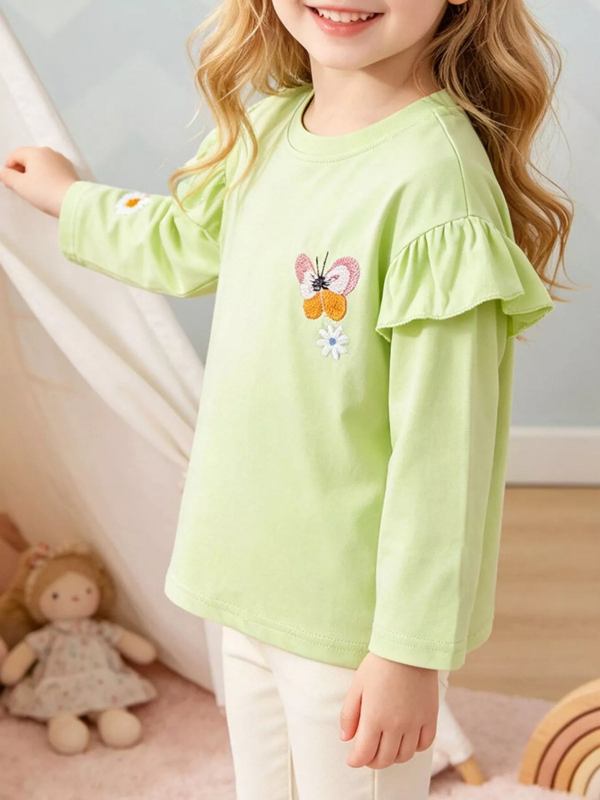 Children's Butterfly Embroidered Ruffled Long Sleeve T-Shirt - Lilixa.store