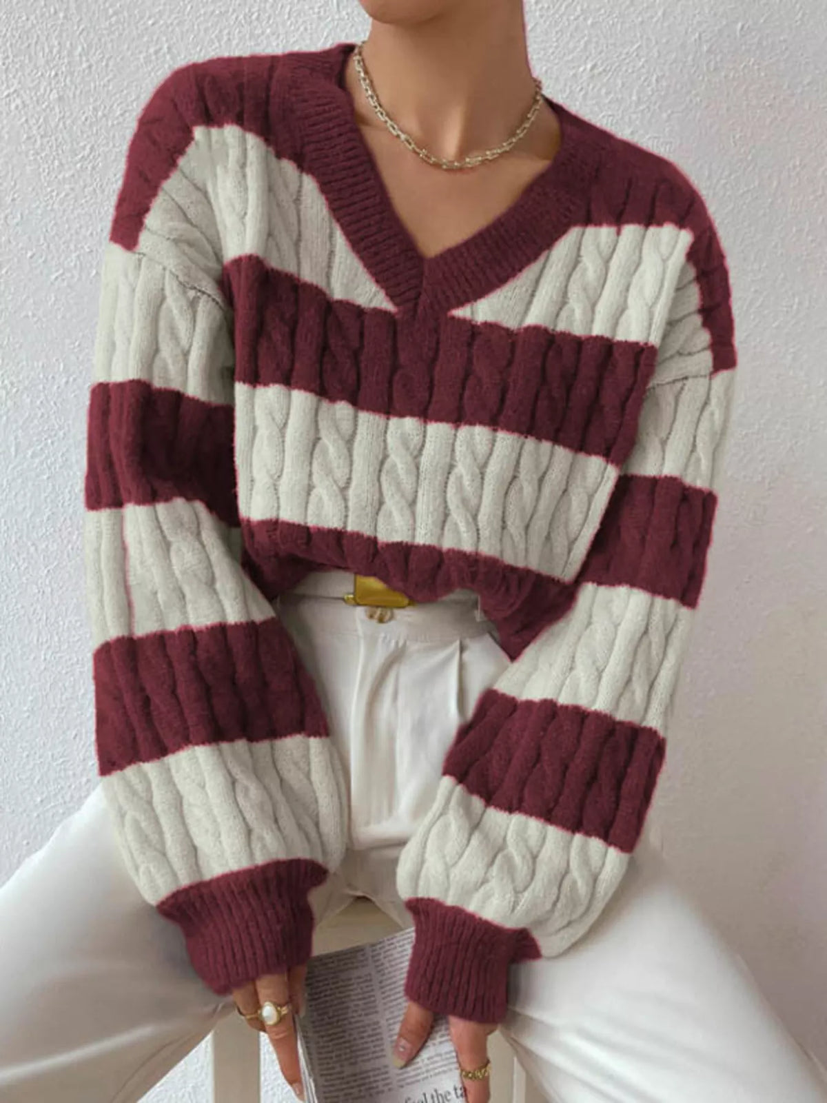 V-Neck Striped Cable Knit Sweater