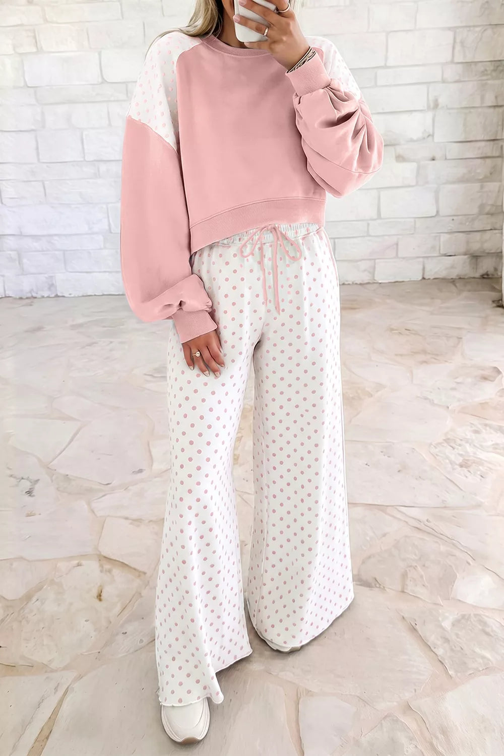 Polka Dot Cropped Sweatshirt and Wide-Leg Pants Set - Lilixa.store