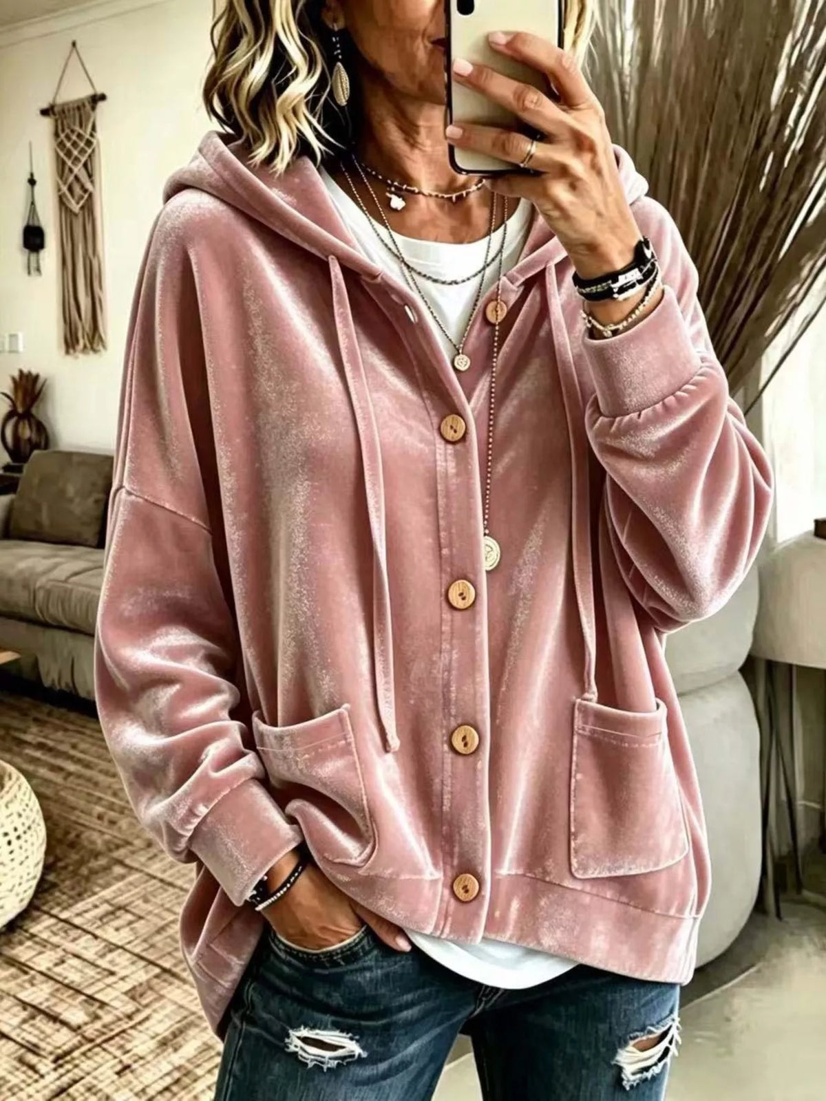 Full Size Casual Button-Down Hooded Outerwear Plus Size in Pink