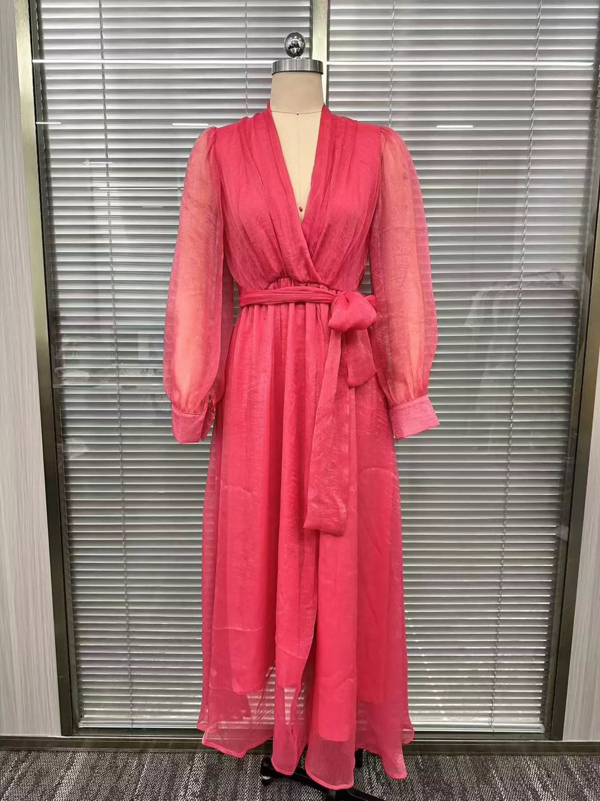 Long Sleeve Chiffon Wrap Maxi Dress with High Slit - Lilixa.store