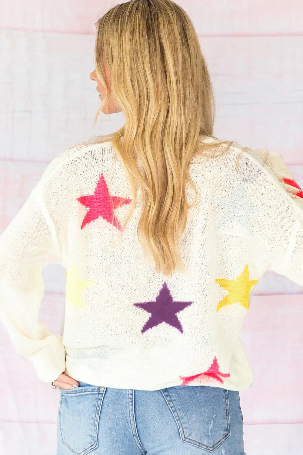 Contrast Star Round Neck Sweater - Lilixa.store