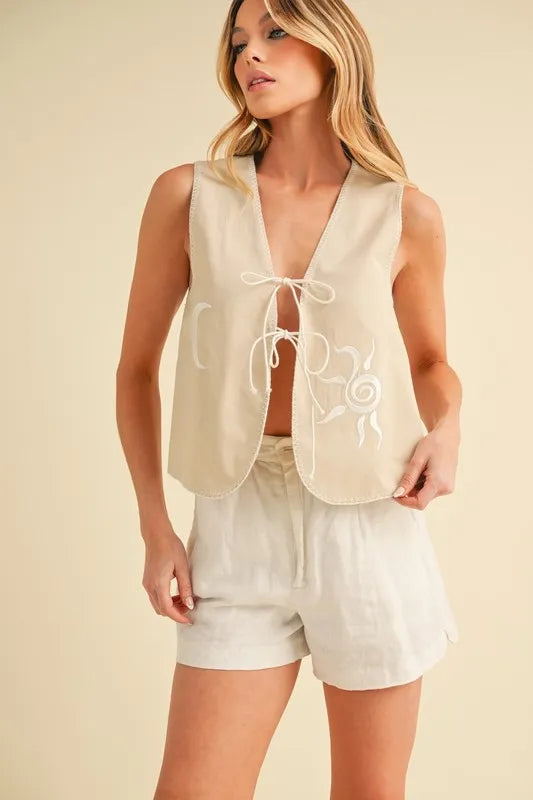 Aemi+Co Embroidered Tied Front Vest Coat, view 4