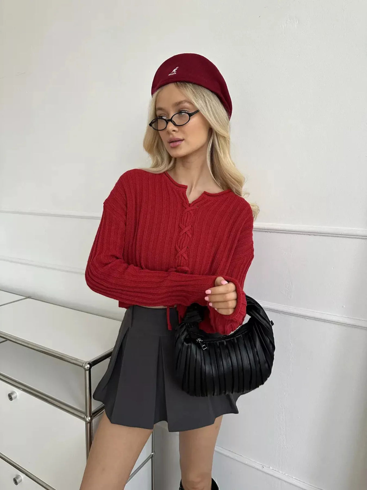 Ribbed Lace-Up Crop Sweater, view 9