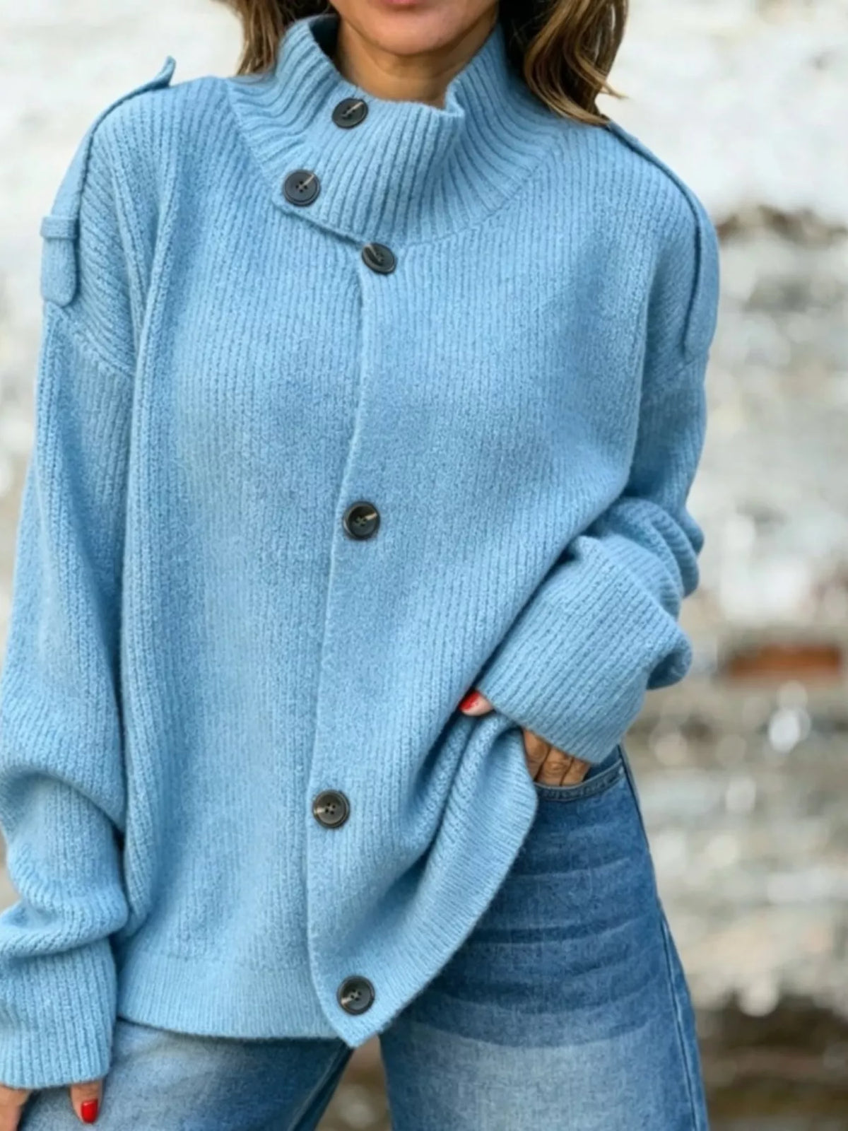 Full Size Button-Up Mock Neck Cardigan Plus Size - Lilixa.store