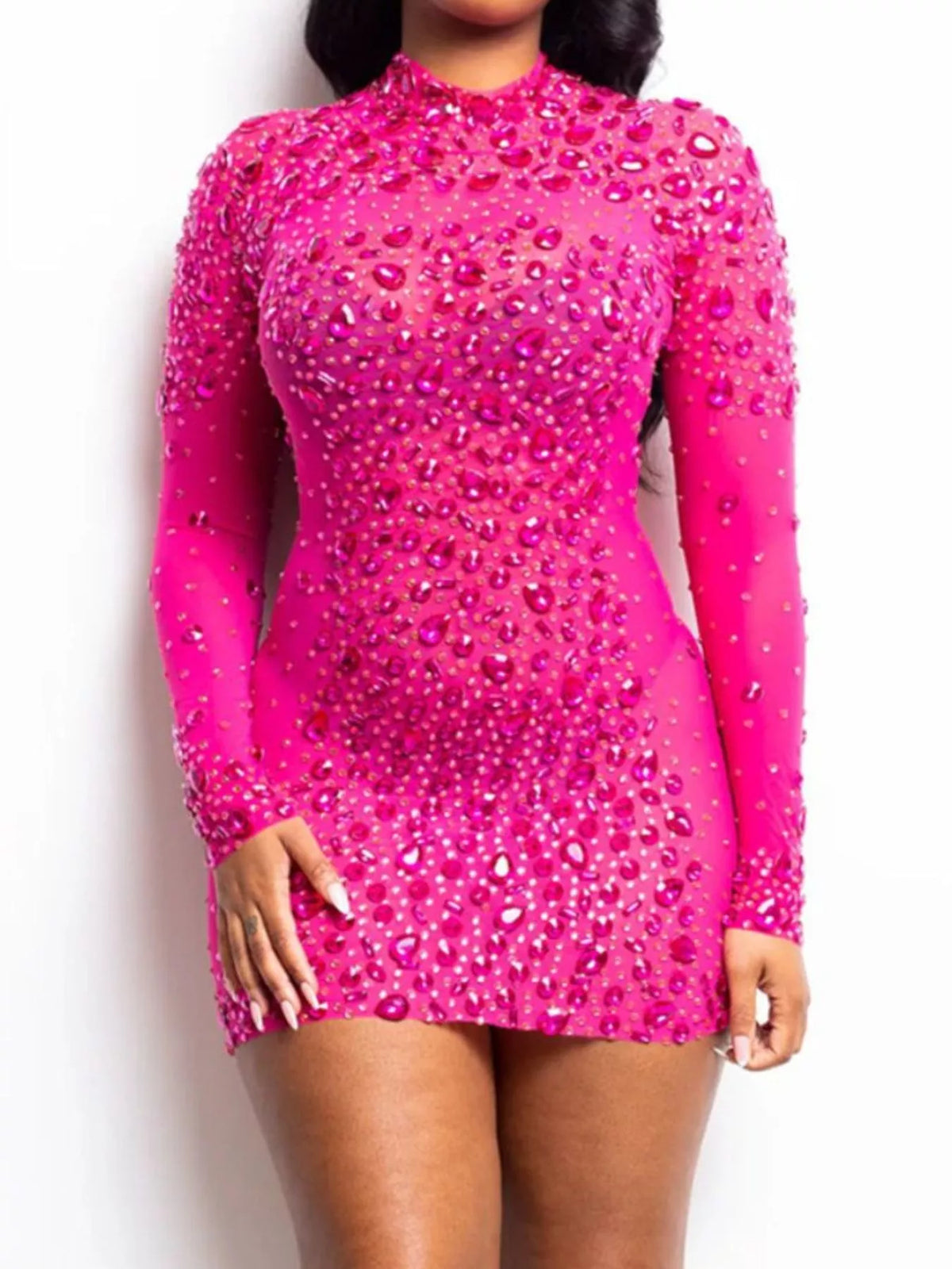 Rhinestone Embellished Long Sleeve Bodycon Mini Dress - Lilixa.store