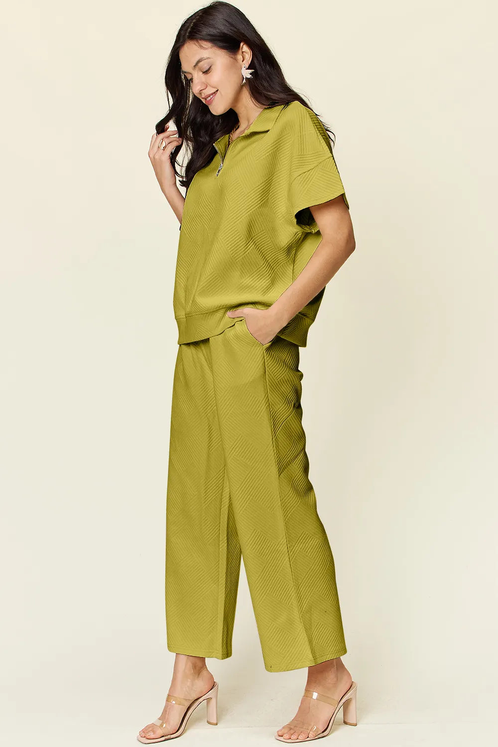 Double Take Full Size Texture Half Zip Short Sleeve Top and Pants Set, view 22