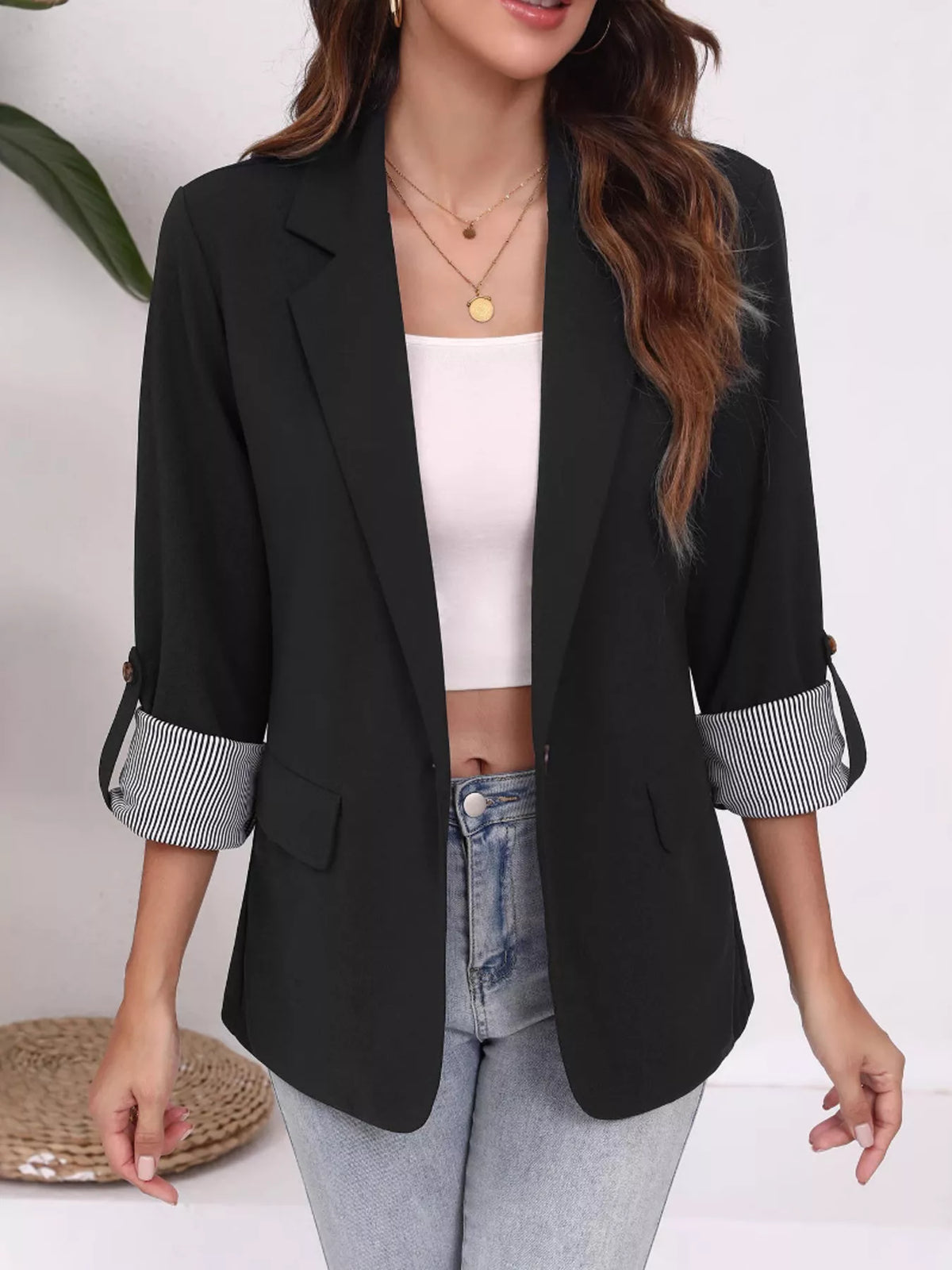 Lapel Collar Roll-Up Sleeve Blazer - Lilixa.store