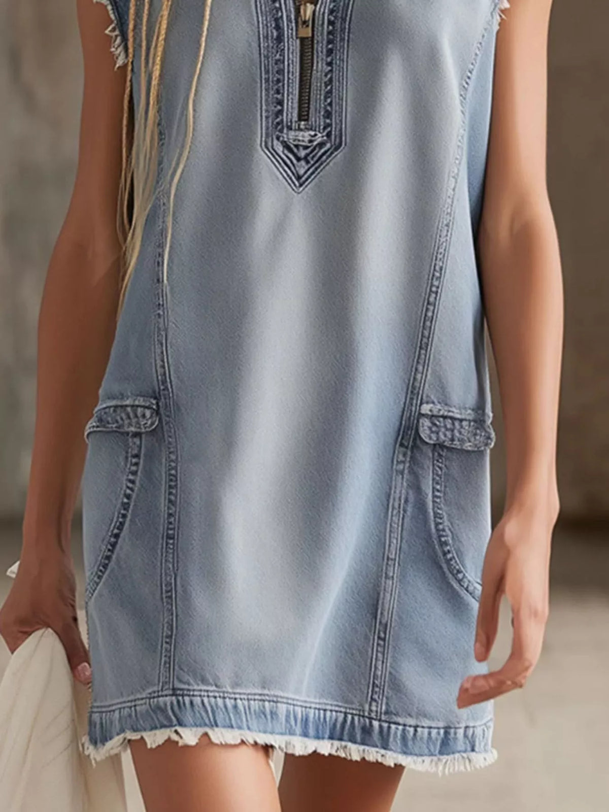 Sleeveless Frayed-Hem Zip-Front Denim Mini Dress