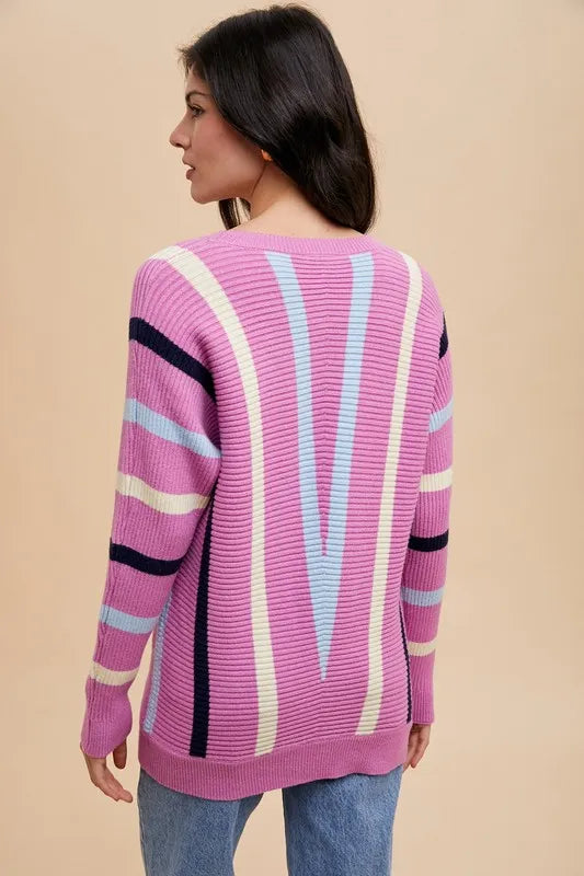 Annie Wear Chevron Stripe Round Neck Ribbed Sweater - Lilixa.store