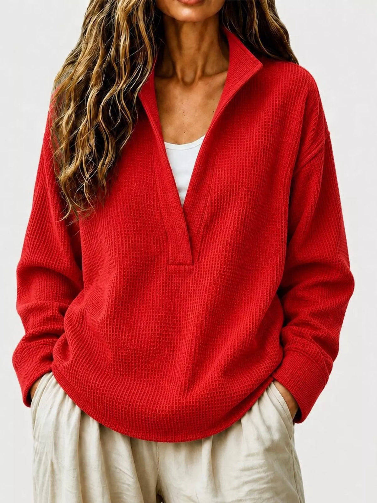 Full Size Waffle Knit Dropped Shoulder Sweatshirt Plus Size