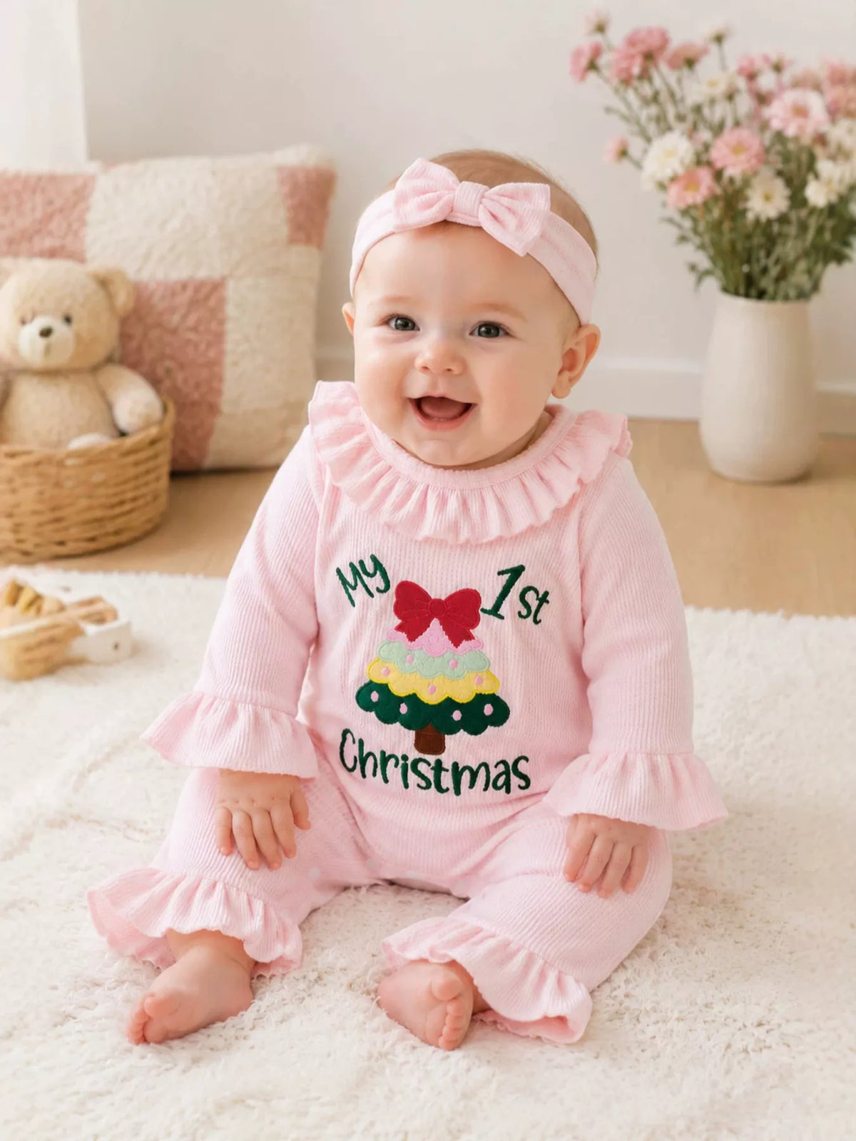 Children's 'My 1st Christmas' Ribbed Ruffle Jumpsuit and Headband Set - Lilixa.store