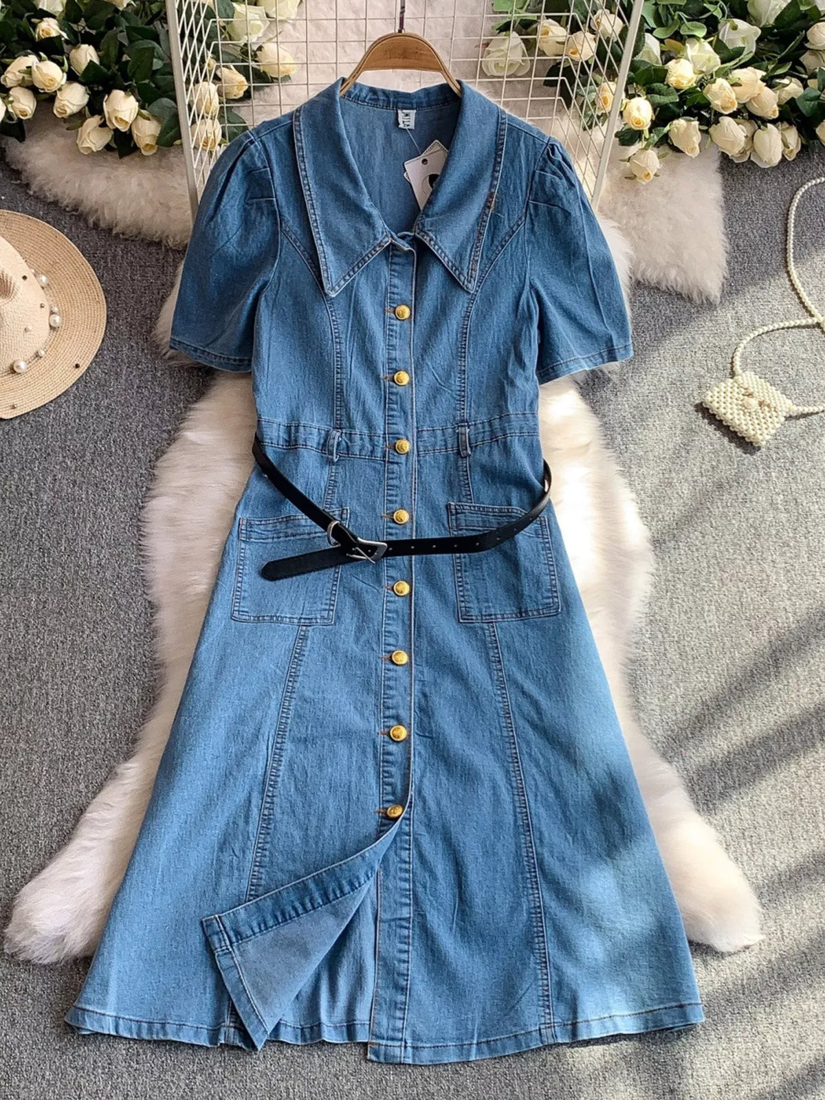 Button Front Short Sleeve Denim Dress - Lilixa.store